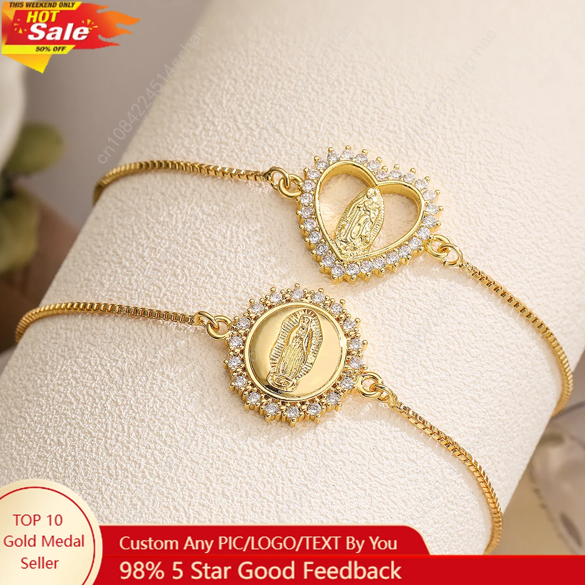 

NEWBUY 2024 Fashion Gold Color Box Chain Virgin Mary Charm Bracelets For Women Shiny CZ Zircon Jewelry