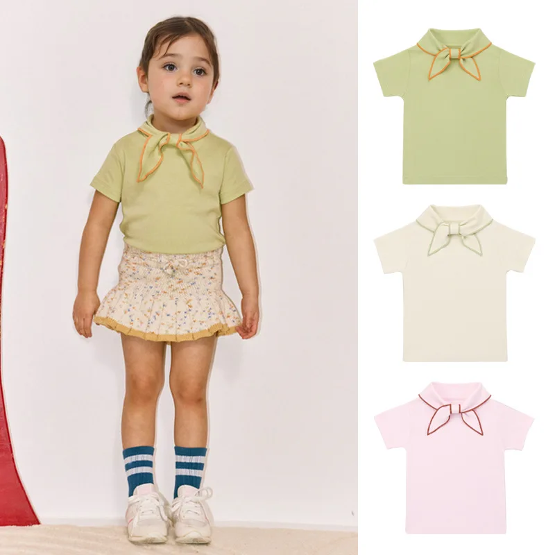 

Новая летняя хлопковая футболка для девочек с бантом, детский топ с коротким рукавом 2026 года