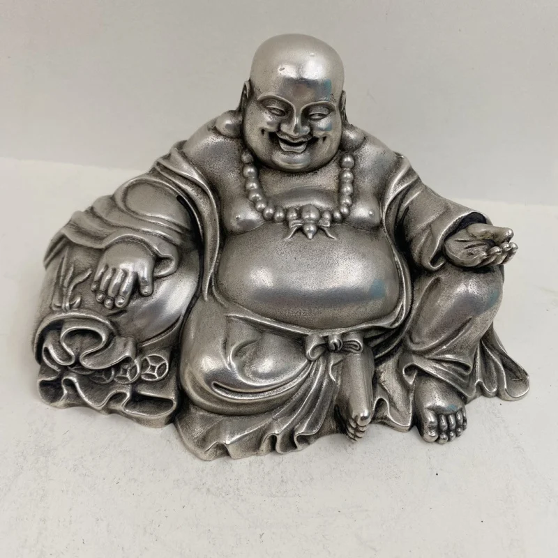 Antique White Copper Laughing Maitreya Figurine, Big-Bellied Buddha, Good Fortune and Wealth Bringing Ornament