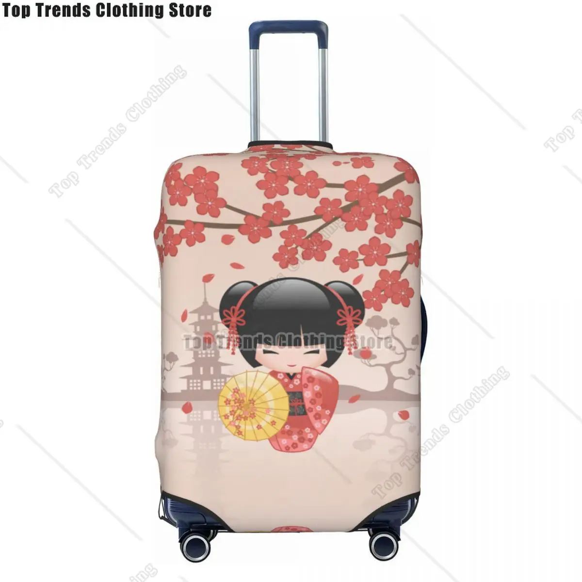 

Fashion Kokeshi Doll Cherry Blossoms Luggage Cover Protector Washable Japanese Kimono Geisha Girl Travel Suitcase Covers
