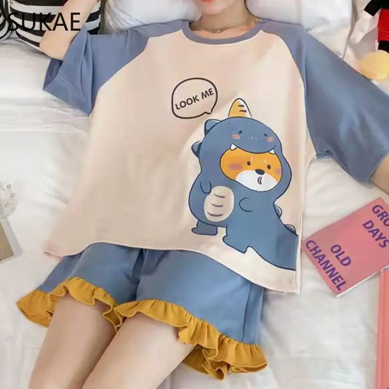 SUKAE Plus Size Women Summer Shorts Casual Milk Silk Sleepwear Kawaii Cartoon Homewear Short Sleeves Pullover Nightwear Pijama