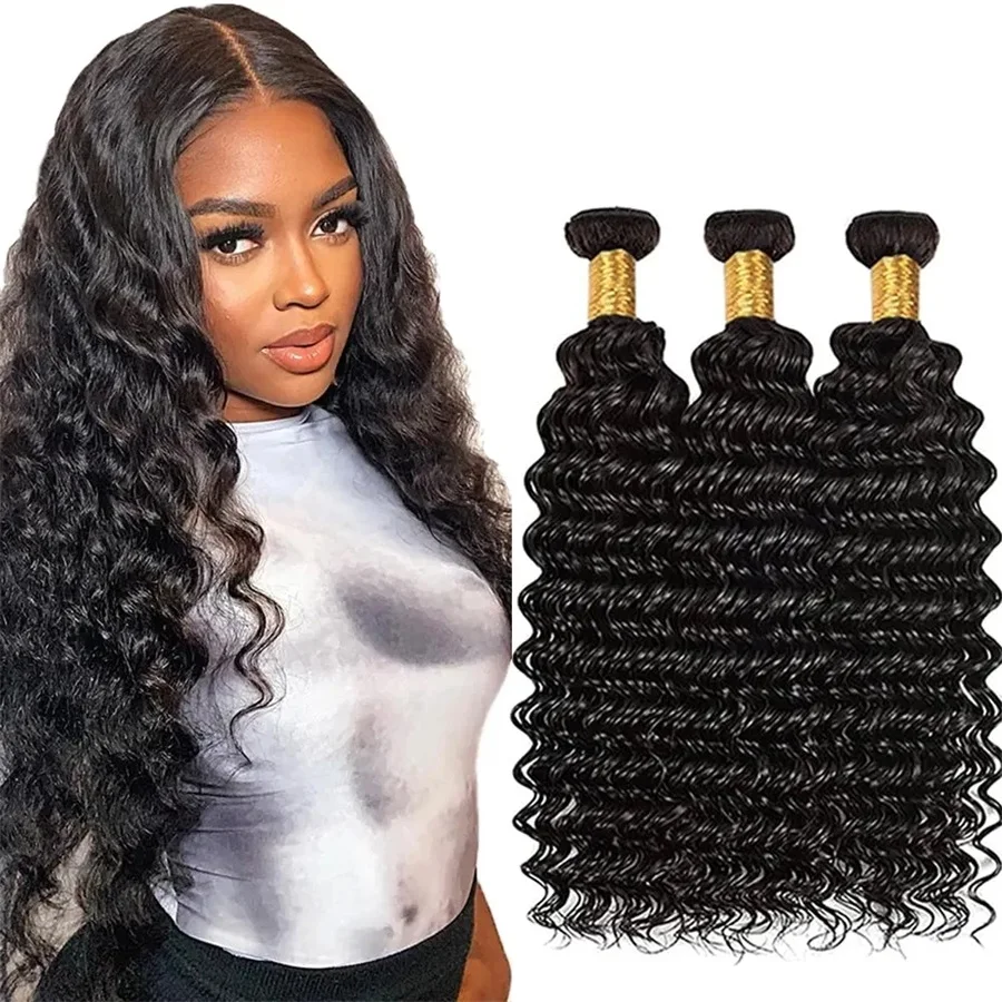 Deep Wave Bundles Human Hair Raw Peruvian Virgin Hair Weave Bundles 3/4Pcs Double Weft Natural Black Bundles Human Hair