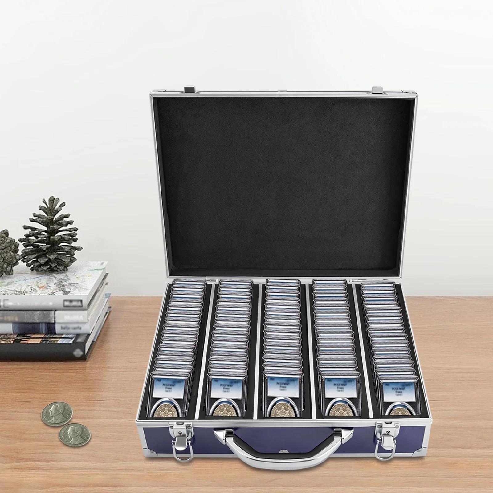 حامل أزرق عالي الأمان للعملات المعدنية قابل للقفل بسعة 100 دولار من سبائك الألومنيوم