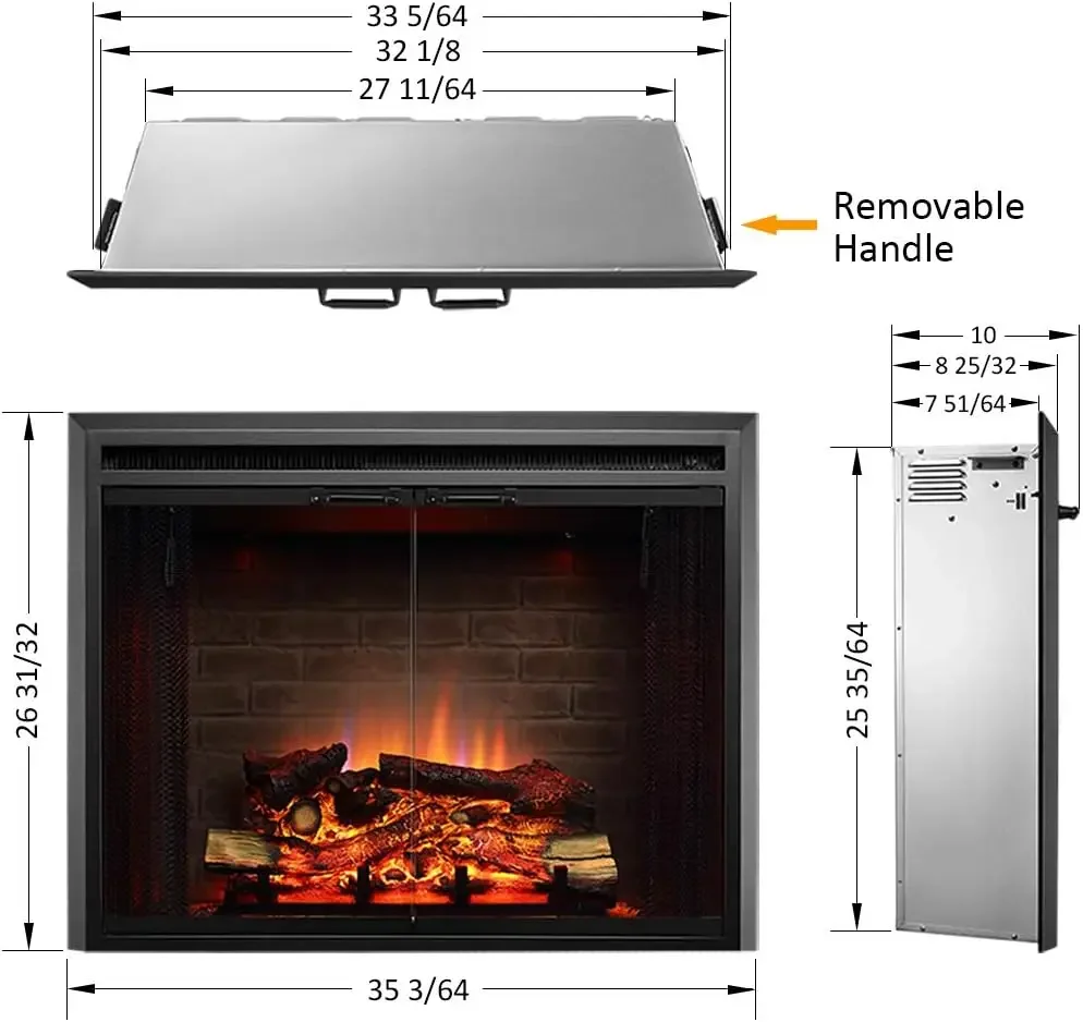 PuraFlame Klaus Electric Fireplace Insert with Fire Crackling Sound, Glass Door and Mesh Screen, 750/1500W, Black, 33 1/16