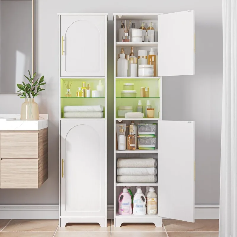 Tall Bathroom Storage Cabinet with LED Lights, Bathroom Floor Freestanding Cabinet with Open Space, Adjustable Shelves