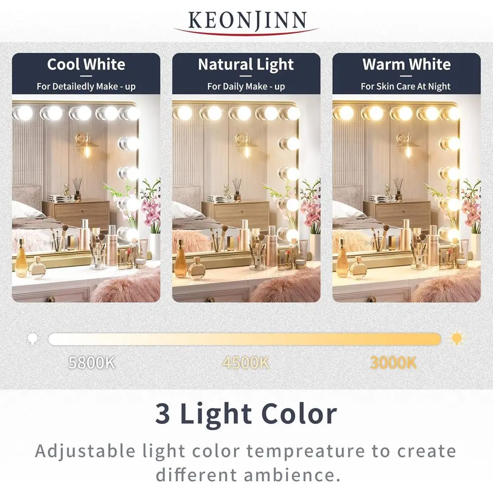 مرآة زينة مضيئة على طراز هوليوود مع 15 لمبة LED، 3 ألوان، منفذ USB، 23 × 18 #3