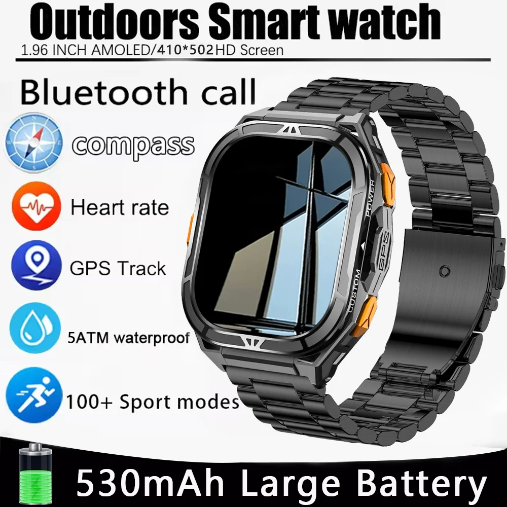 

Новые двухдиапазонные спортивные умные часы с GPS, мужские 1,96-дюймовые компасы, высотомер, барометрические, 5 АТМ, водонепроницаемые, для мониторинга здоровья, уличные часы