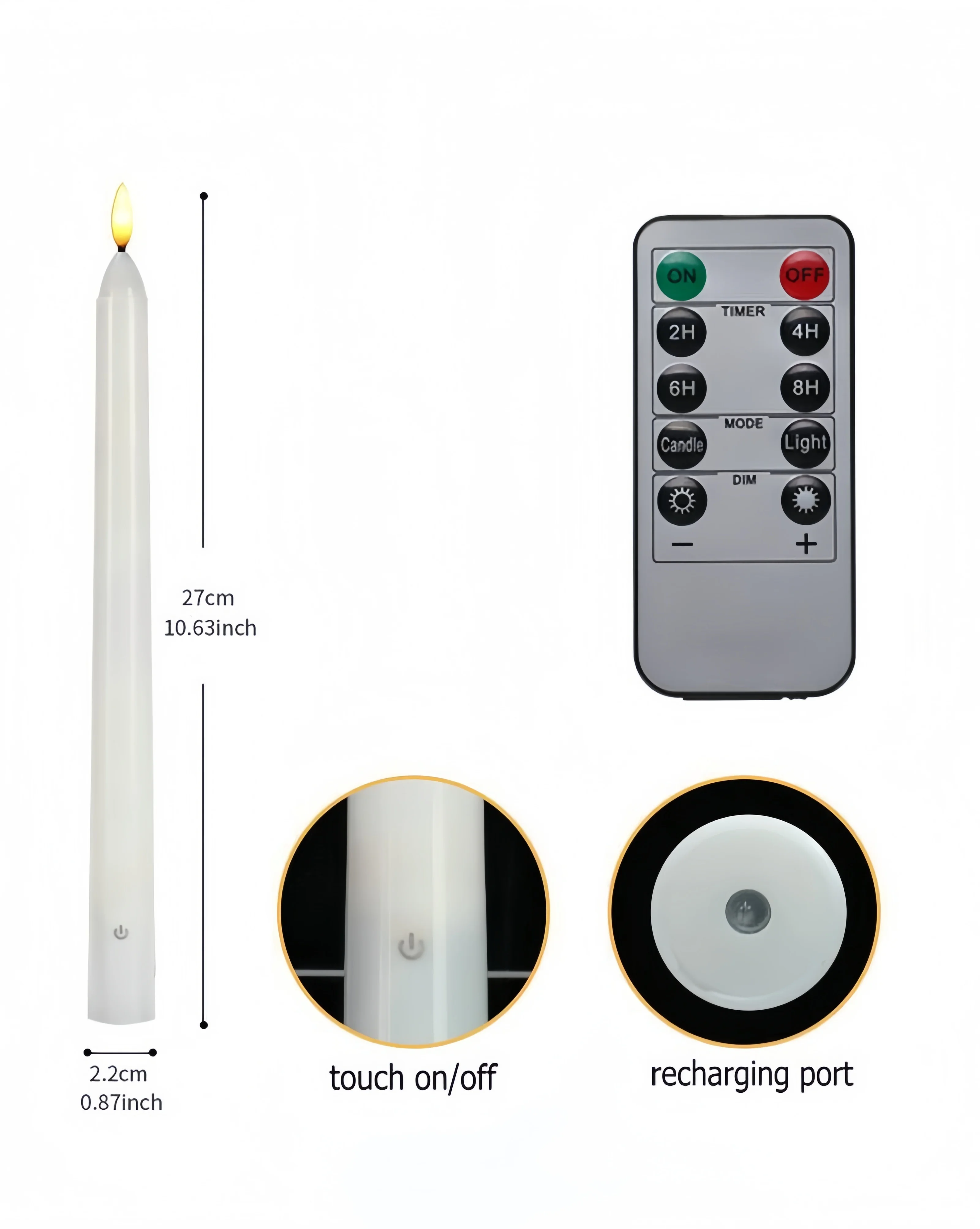 Led Taper stick Candle flickering 10-key Remote w/Timer 3D Wick Rechargeable Flameless Candlestick Xmas Home Wedding party H27CM