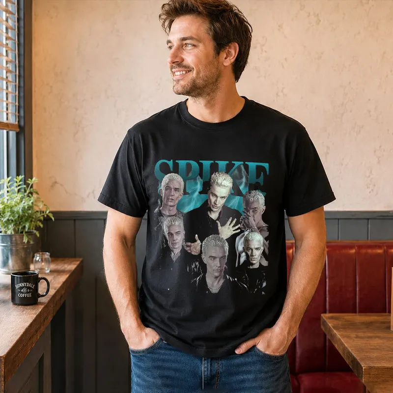 Buffy Inspired T-Shirt, Vintage Vampire Slayer Spike Graphic Tee, Retro Horror TV Series Print Short Sleeve Casual Shirt S-6XL