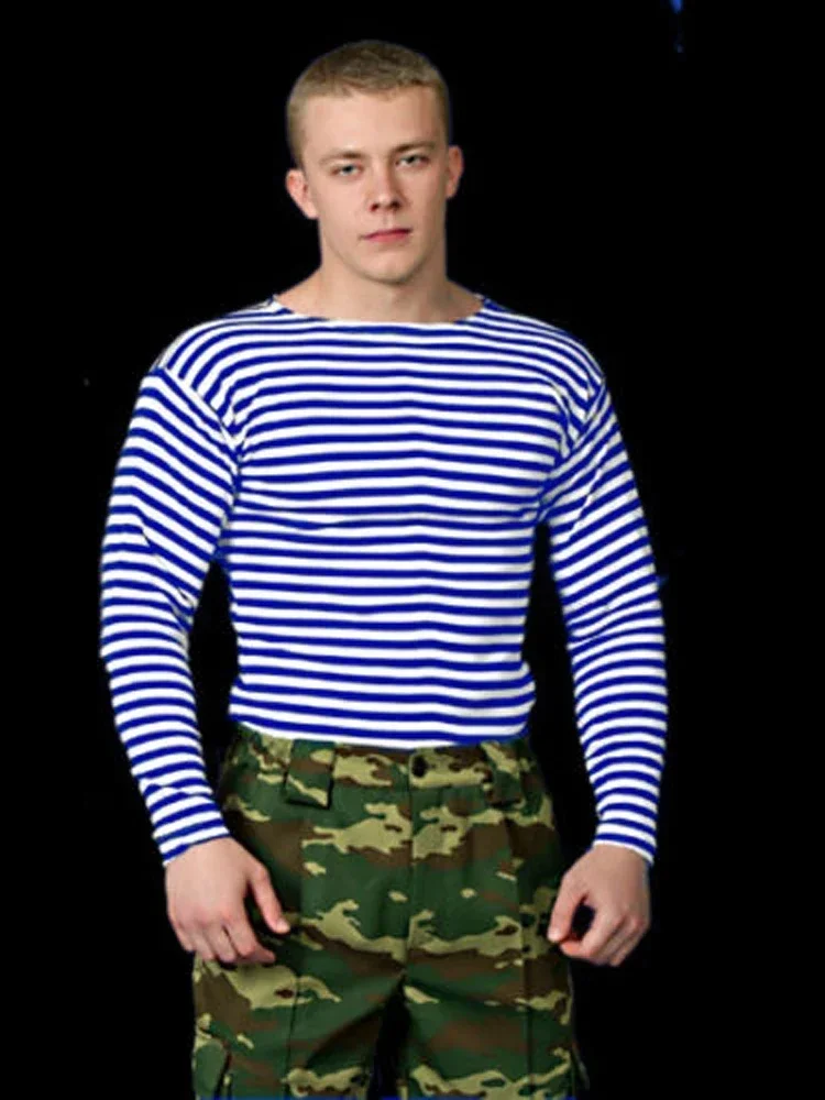 Militar russo pára-quedista algodão camiseta masculina, camisa listrada de marinheiro, listras marinhas, manga comprida, VDV, telnyashka tops