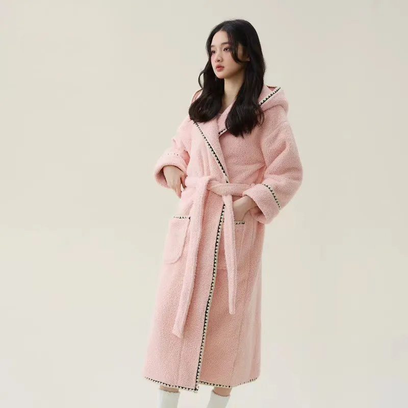 Women Extra Long Warm Flannel Hooded Bathrobe Female 2024 Winter New Coral Fleece Bath Robe Cozy Dressing Gown Spa Sleepwear