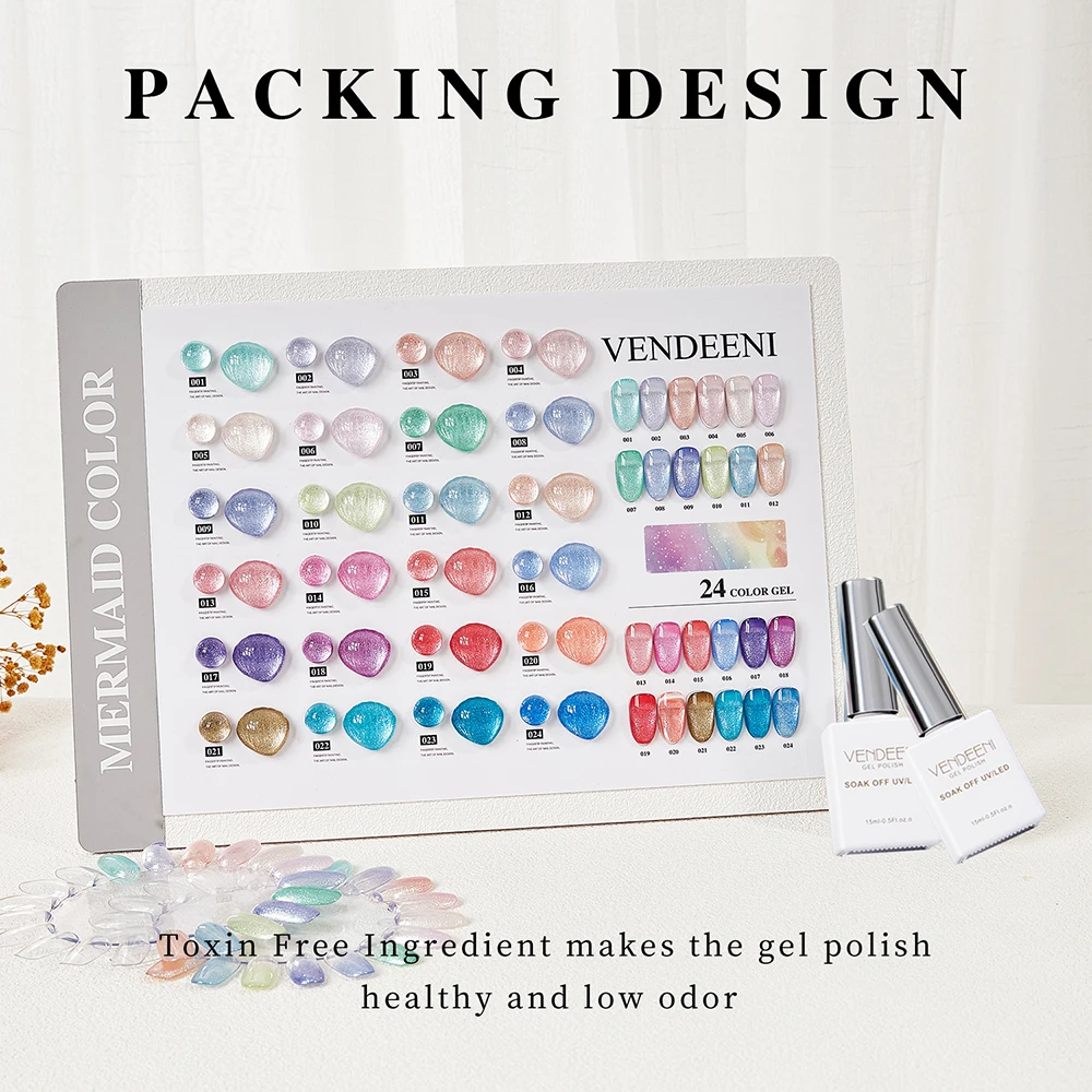 Vendeeni TPO/HEMA FREE 24 Colors/set Discolour Aurora Mermaid UV LED Gel Pearl Shell Effect Gel Nail Polish With Color Card