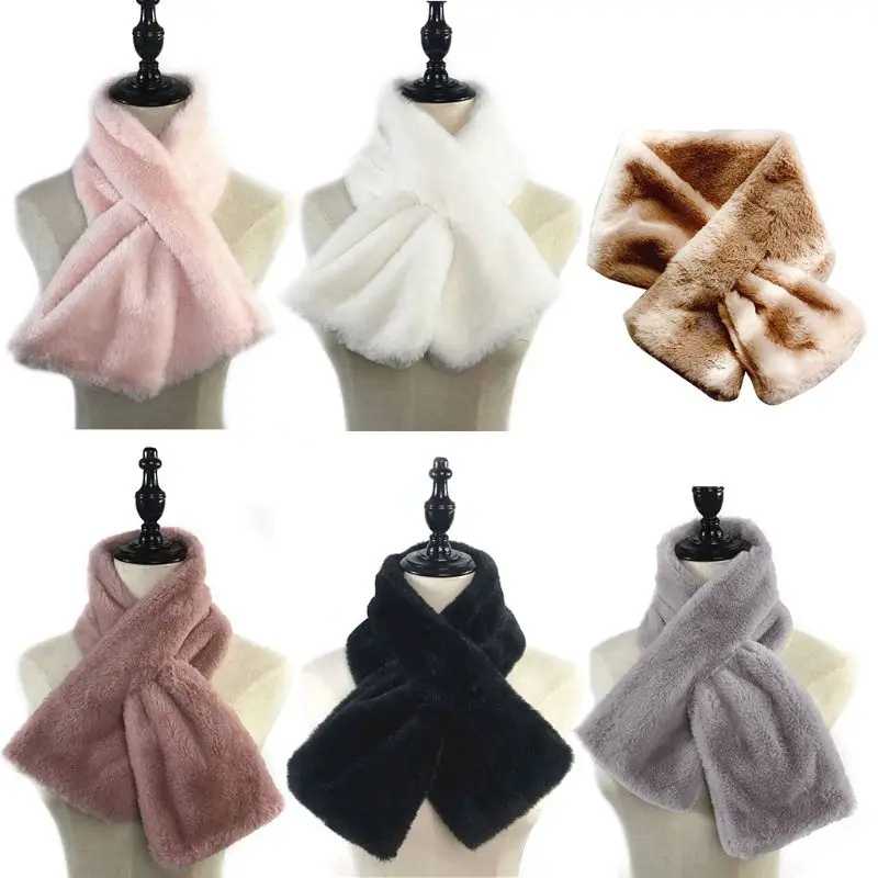 Winter Thick Faux Fur Warm Scarf Furry Pull Through Neck Warmer Plush Collar Cross Around Loophole Wrap Neckerchief