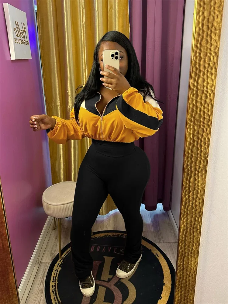 

Повседневный контрастный комплект из 2 предметов, женский спортивный костюм, укороченная куртка на молнии в стиле пэчворк + леггинсы с высокой талией, одинаковый уличный спортивный костюм