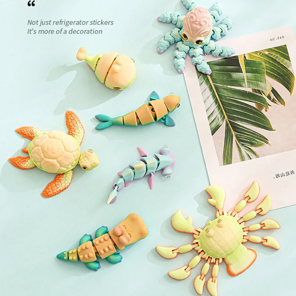 8pcs 3D Printed Marine Refrigerator Magnet with Movable Joints Child Creative Decoration Cute Magnetic Refrigerator Decoration