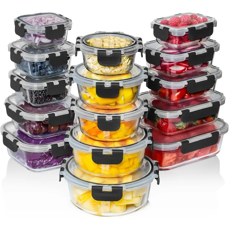 30 PC Glass Food Storage Containers with Lids - Reusable Glass Meal Prep Containers for Lunch and Leftovers, Dishwasher Safe