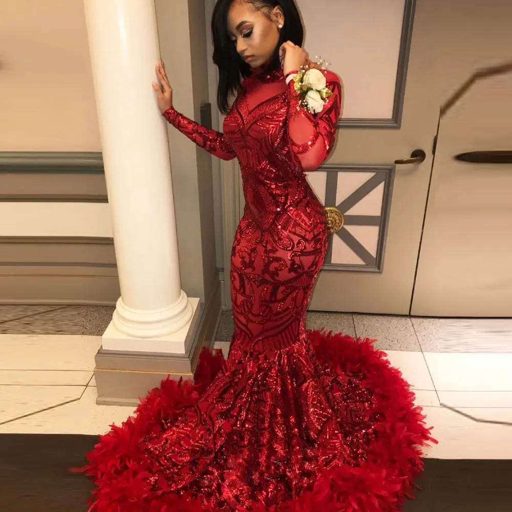 

Elegant Red Prom Dresses Woman Dance Ball Gowns Long Sleeve Mermaid Feather Evening Formal Party Clothing