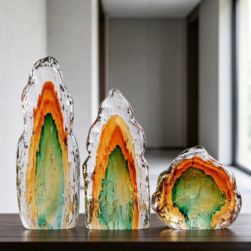 Glass Mountain Sculpture Ornament Handmade Gradient Liuli Mountain Decor Desktop Art for Living Room Entrance Home Decoration