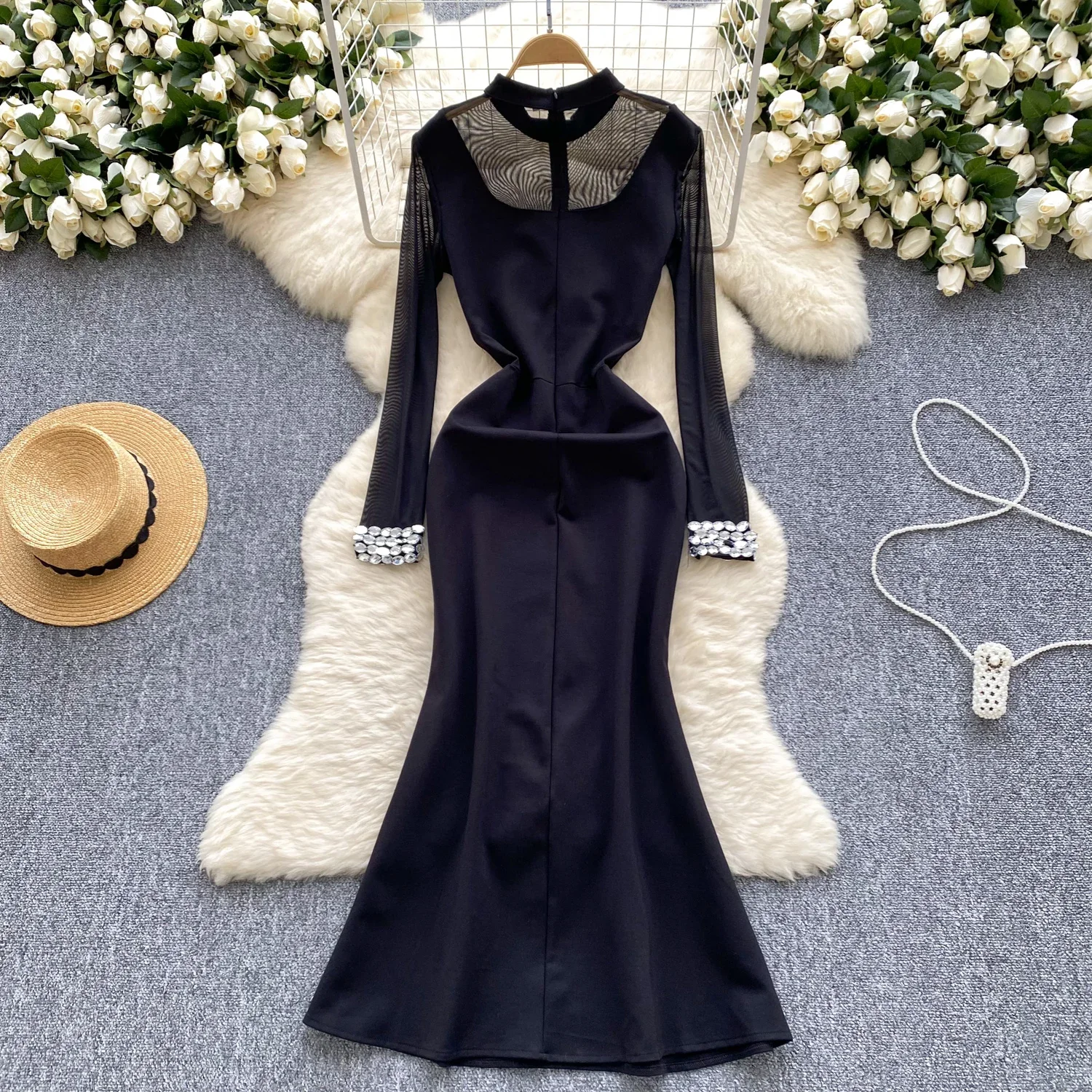 Vintage O-neck Elegant Rhinestone Long Sleeve Chic See Through Slim Mermaid Dresses Korean Evening Party Women Autumn Clothing