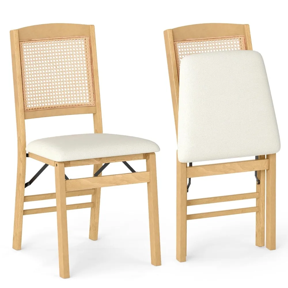 

Folding Dining Chairs Set of 2, Rubber Wood Kitchen Chair w/Linen Padded Seat & Rattan Backrest, Upholstered Indoor, Customized