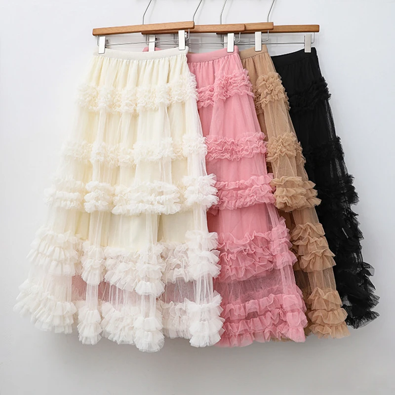 Heavy Industry Tierred Ruffles Skirt Women 2025 New Elastic High Waist A-Line Skirt with Liner Sweet Long Cake Skirt Trendy
