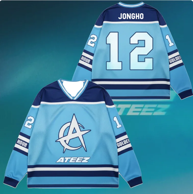 2026 Summer New K-pop Male Group - Blue American Retro Ice Hockey Style Long-Sleeved Jersey Loose Fan Support Top