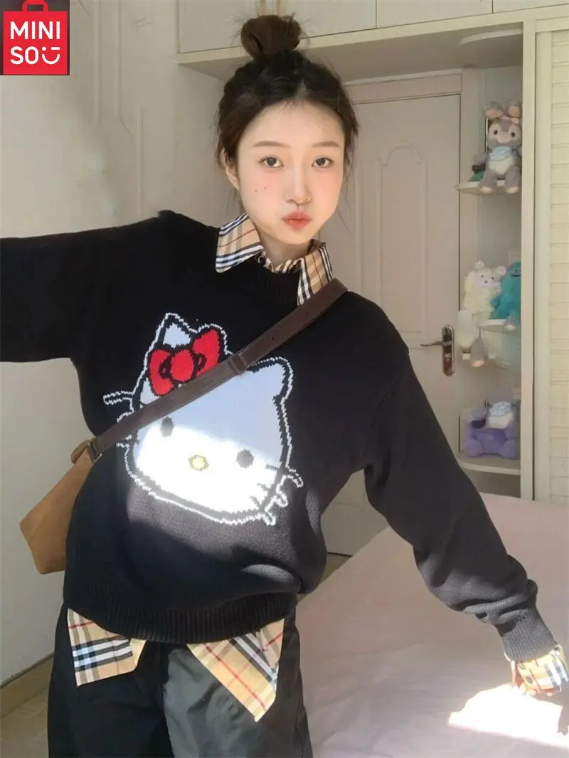 سترة صوفية مطرزة على شكل قطة كارتونية من MINISO Hello Kitty للطالبات + قميص منقوش بأكمام طويلة