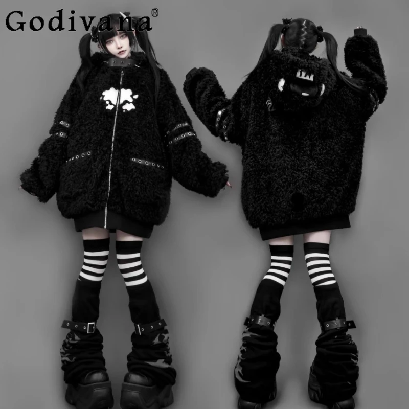 

Faux Fur Coat for Women Subculture Black Gothic Dark Harajuku Aesthetic Plush Hooded Jacket Sweet Cool Fashion Loose Fur Jacket