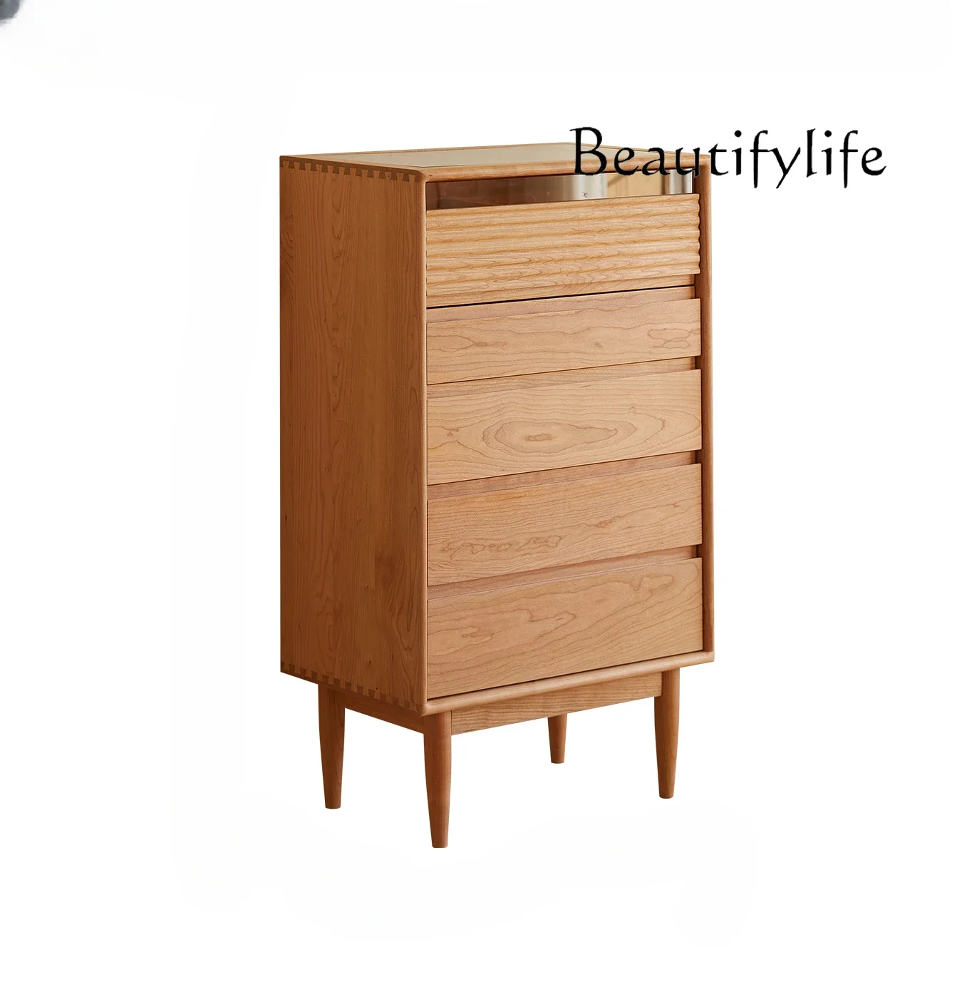 Cherrywood Solid Wood Retro Nordic Five-Bucket Cabinet Clothes Closet Drawer High Living Room Storage Organizer Side Cabinet