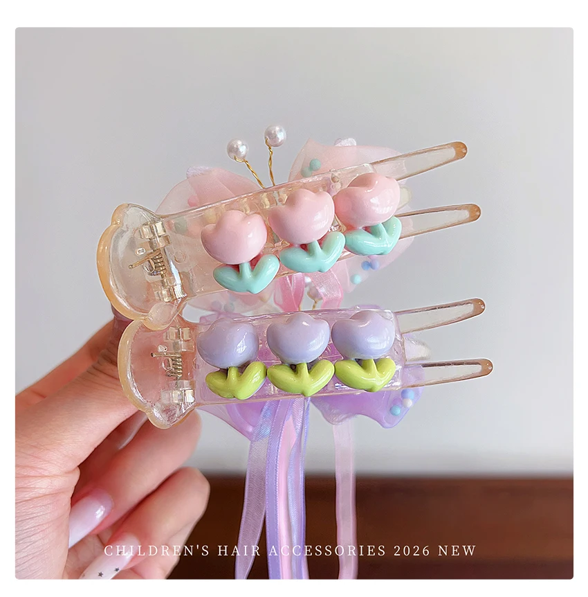 Neue Kinder-Prinzessinnen-Haarspange Glänzender Schmetterling Krone Schleife mit Langem Band Quaste Tüll Haaraccessoires Geburtstagsgeschenk – Detail 5