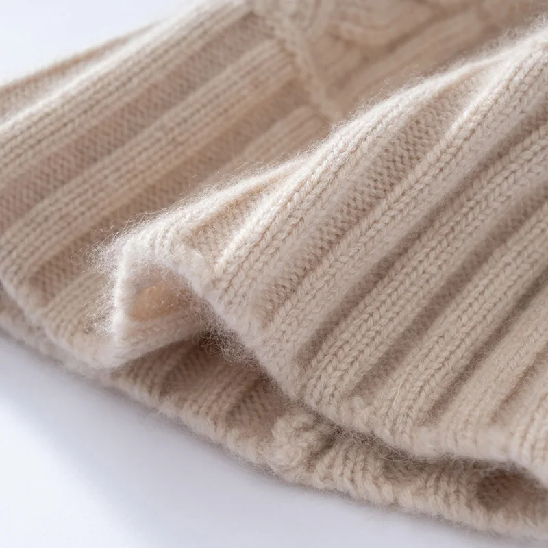 100% hochwertige Kaschmirmütze für Damen, weiche, warme Wintermütze, gestrickte, lässige Outdoor-Mütze in Unifarbe mit geripptem Twist-Muster. – Detail 7