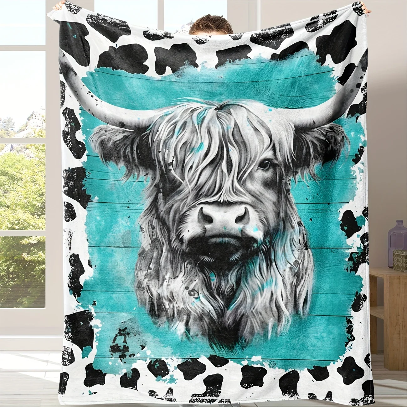 

1pc Blanket Green Highland Cattle 3D Print Flannel Warm Cozy Blanket Home Travel Birthday Gift Chair Sofa Room Decor Customized