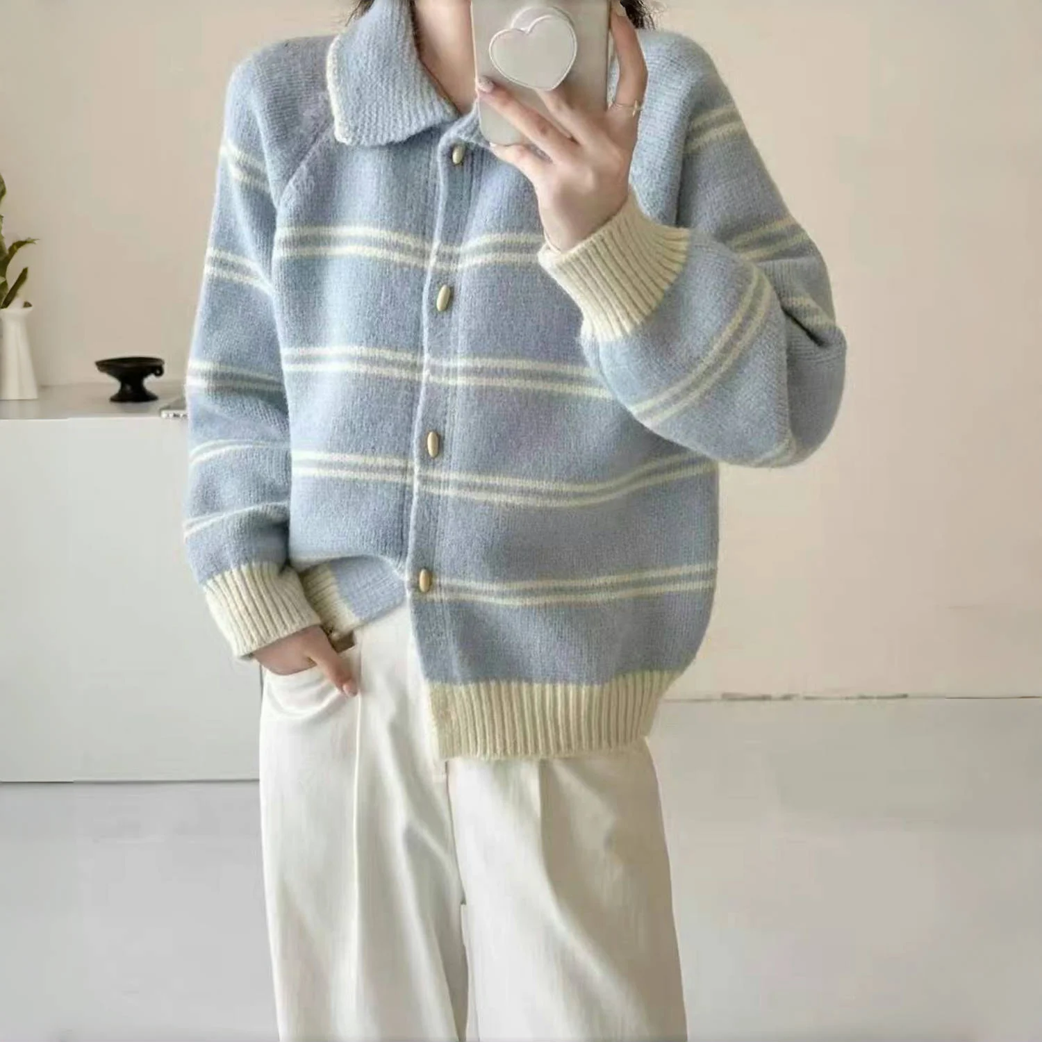 

Вязаный открытый кардиган с воротником в полоску в стиле ретро, женская мягкая пухлая верхняя одежда, белый свитер на одной пуговице, корейский сле