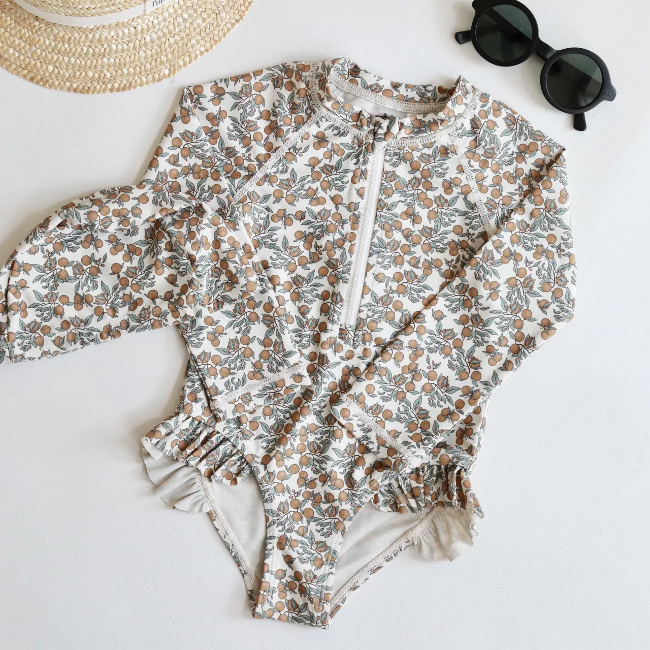 2025 trajes de verano para niñas pequeñas con estampado de flamencos/flor, traje de baño de manga larga con cremallera, mono, diadema, trajes de baño para niñas