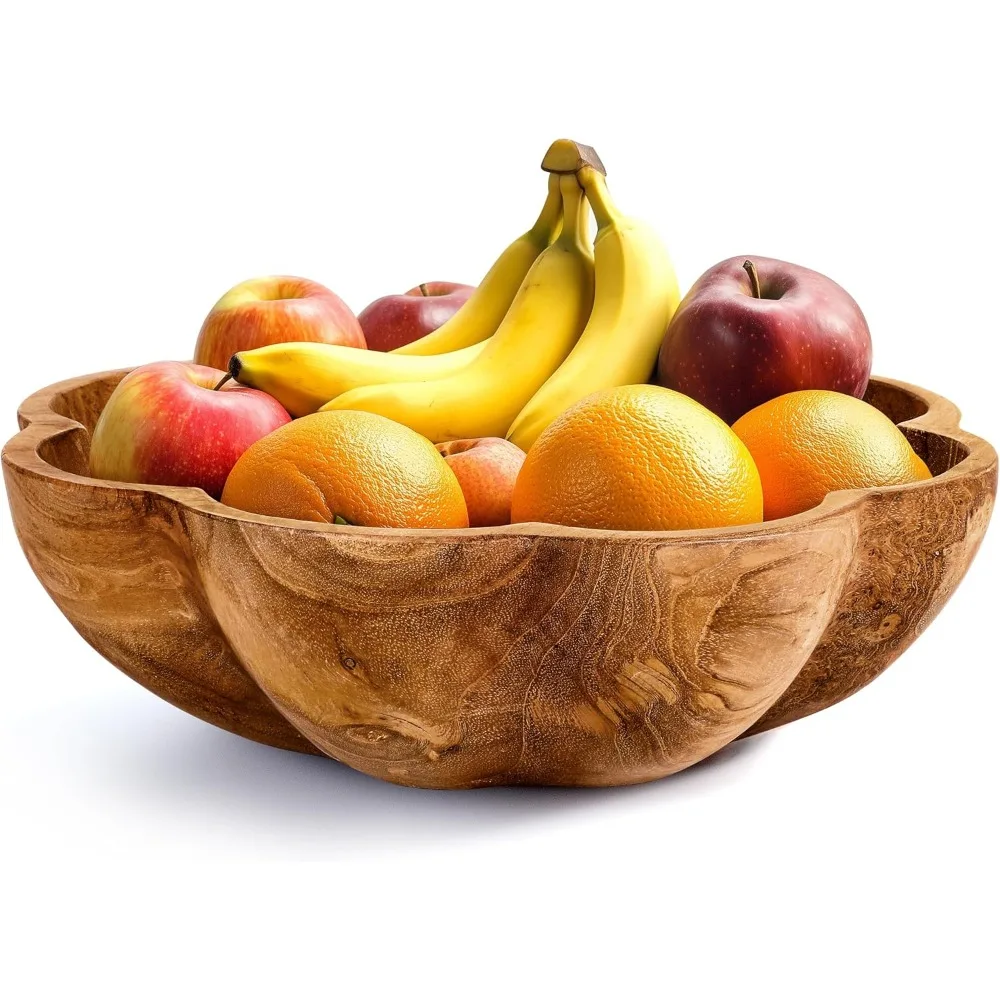 

Large Teak Wood Serving Bowl for Kitchen Counter - Handcrafted in Indonesia - 11.8" x 3.2" Decorative Centerpiece