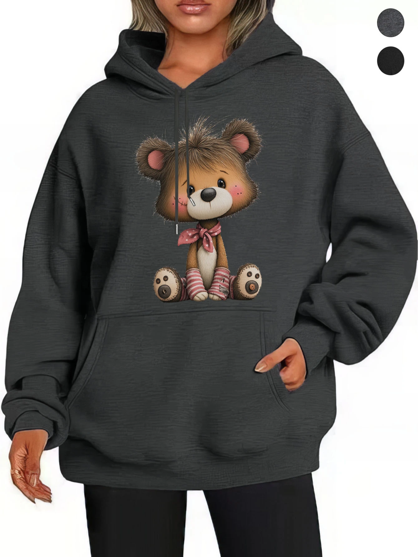 Teddy Bequeme, lockere Passform, schwarz-graue Damen-Kapuzenpullover aus Retro-Pop-Baumwolle für die Entspannung im Herbst/Winter