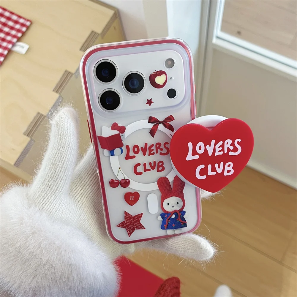 

Korea INS Cute Cherry Rabbit Magnetic Phone Case for iPhone 17 Pro 15 14 16 Pro Max Cover Cartoon Heart For Magsafe Stand Cases