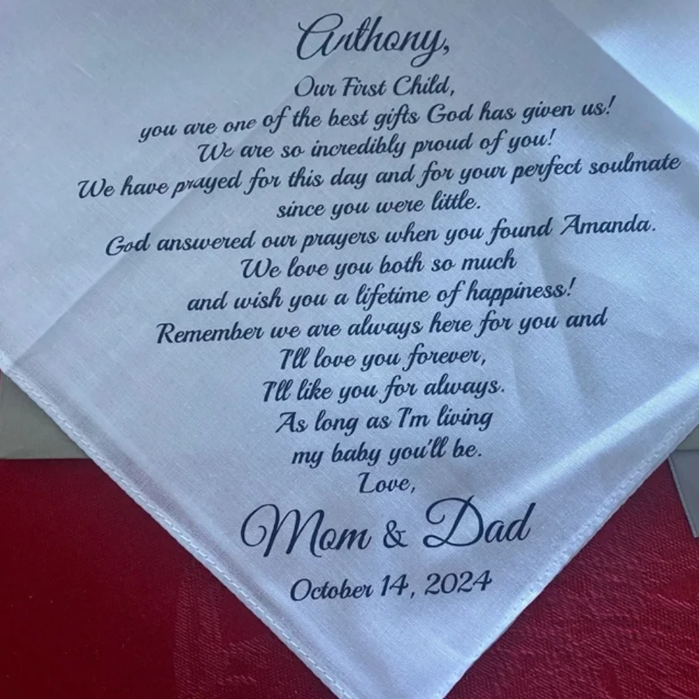 What to Give My Daughter on Her Wedding Day Personalized handkerchief for father and mother, wedding gift