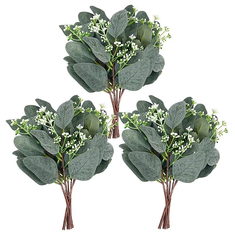 Hojas de eucalipto artificiales, tallos de ramas de eucalipto de imitación, vegetación para ramos DIY, arreglo de boda, decoración de la habitación del hogar