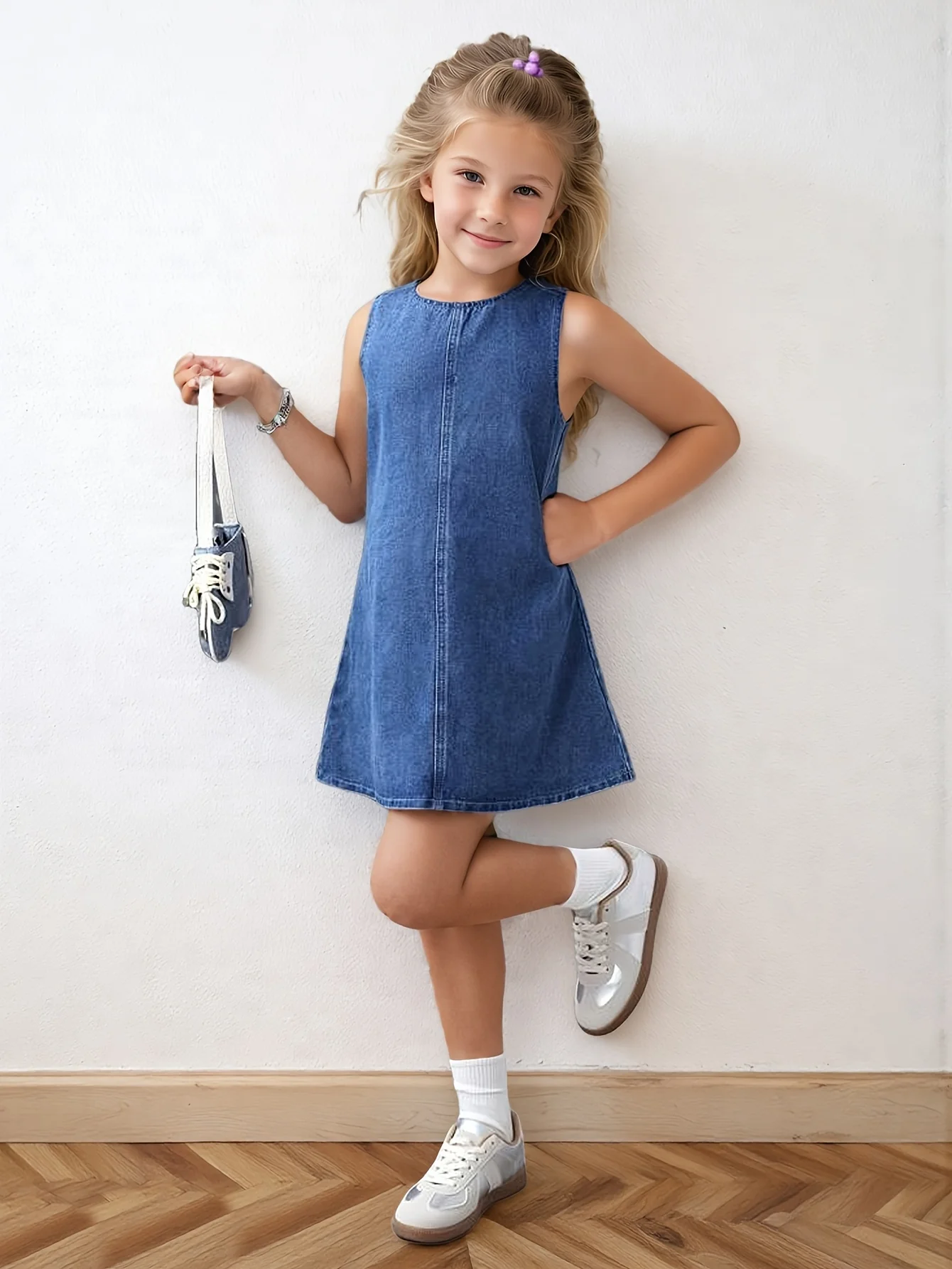 Sommerliches, kurzes, ärmelloses Jeanskleid mit Schleifendesign, geeignet für junge Mädchen für Sommerpartys, Festivals und Strandbekleidung, geeignet für Mädchen im Alter von 5–13 Jahren, für Zuhause und im Freien – Detail 5