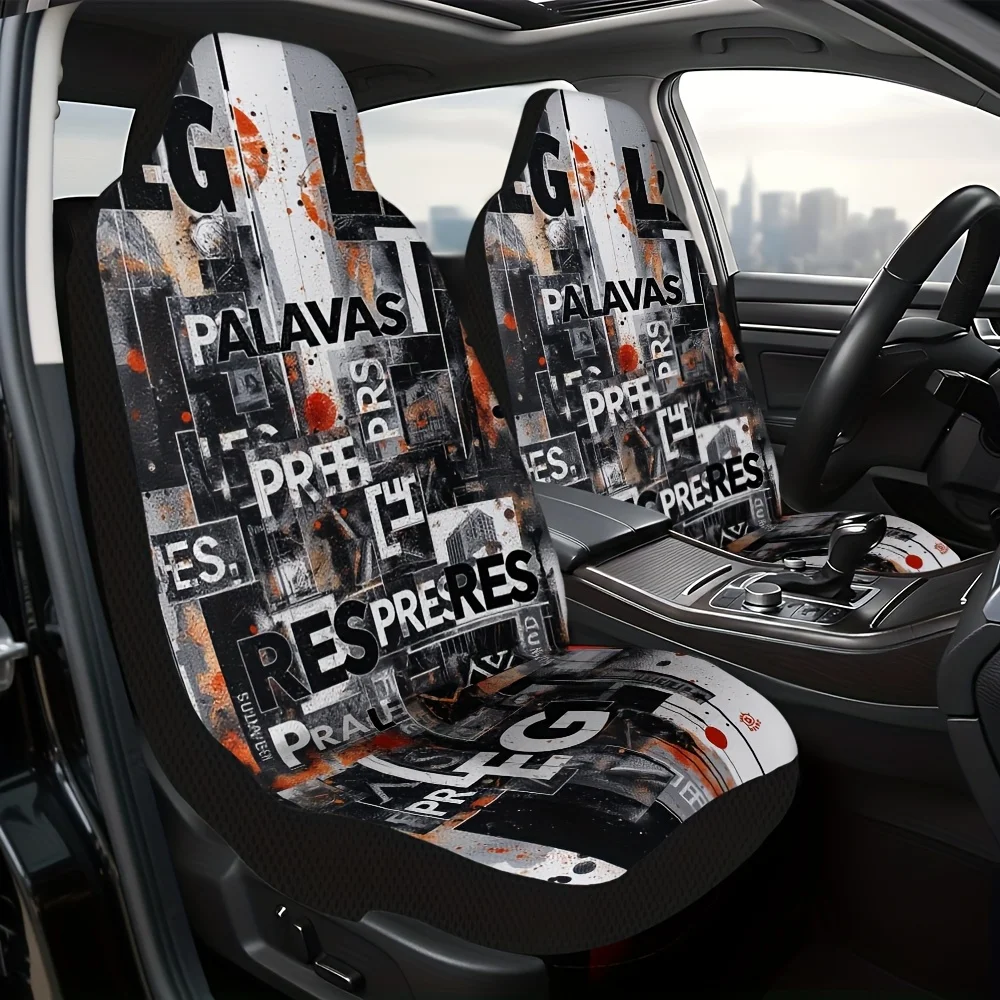 2pcs Urban Grunge Collage Car Seat Covers - Lightweight Washable Fabric, & Geometric Pattern With Lettering, Fit For All Vehicle