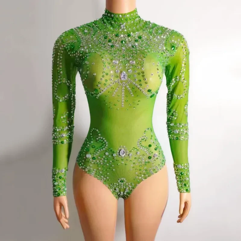 Roupa cantora manga longa malha transparente bodysuit sexy traje de dança boate strass collants feminino collant palco wear