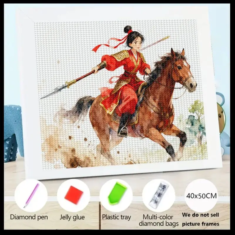 

1PC 5D Full Drill Diamond Painting Kit, DIY Anime Manga Style Female Warrior Riding Horse with Spear, Ancient Chinese Heroine Ar