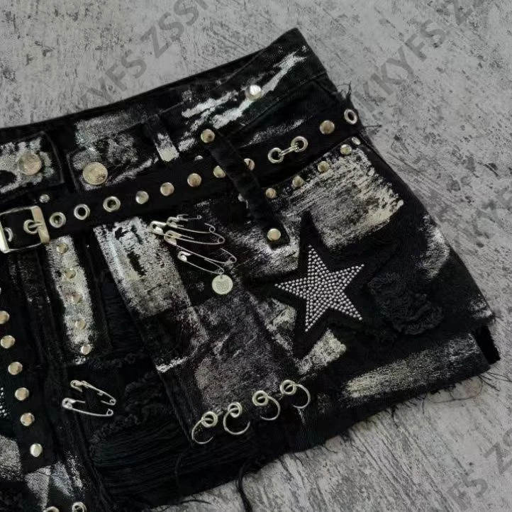 2000s Y2k Girl High Street Punk Sexy Women's Skirt Summer Grunge Denim Mini Skirt High Waist Vintage Gyaru Rivet Skirt Himekaji