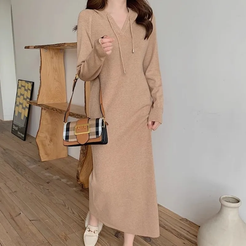 20234 Coffee Loose Long Knitted Dress Women Chic Winter Hooded Knitwear Ladies Jumper Autumn Korean Business Wool Dresses