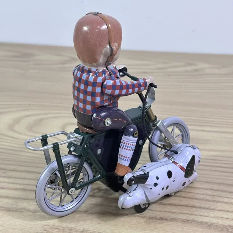 子供と大人のためのレトロな巻き戻しおもちゃ,金属製の缶,男の子が自転車で犬を散歩させる,オートバイ,時計仕掛けのおもちゃ,フィギュアモデル,ギフト,楽しみ