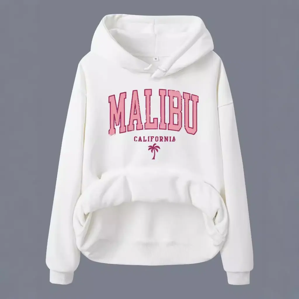 Sudadera de manga larga con capucha para mujer, Top con forro polar y estampado MALIBU, estilo europeo y americano para Otoño e Invierno