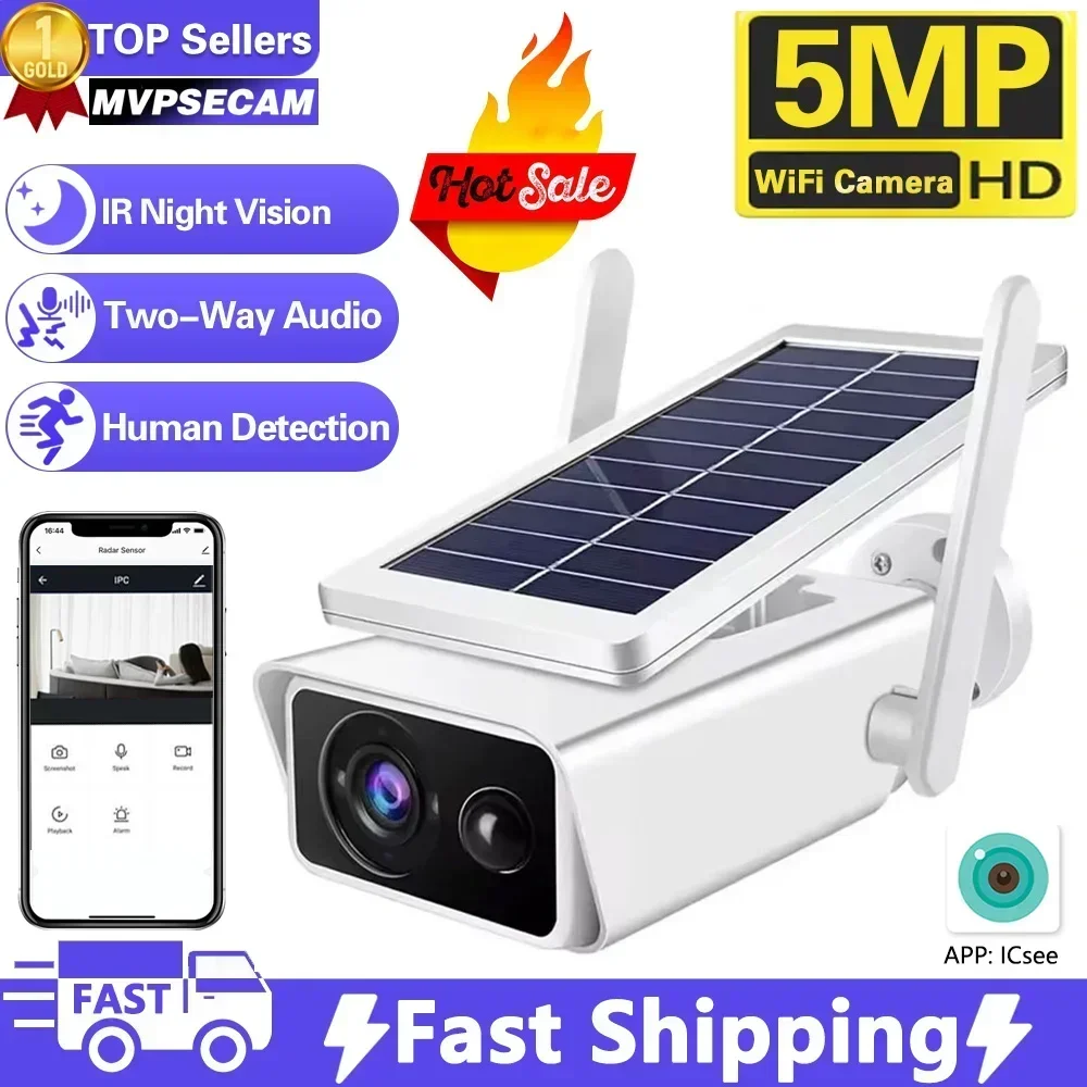 Caméra solaire extérieure sans fil, vision nocturne, surveillance, protection de sécurité, CCTV, PIR, caméra IP, 5MP, Wifi, 62, audio bidirectionnel