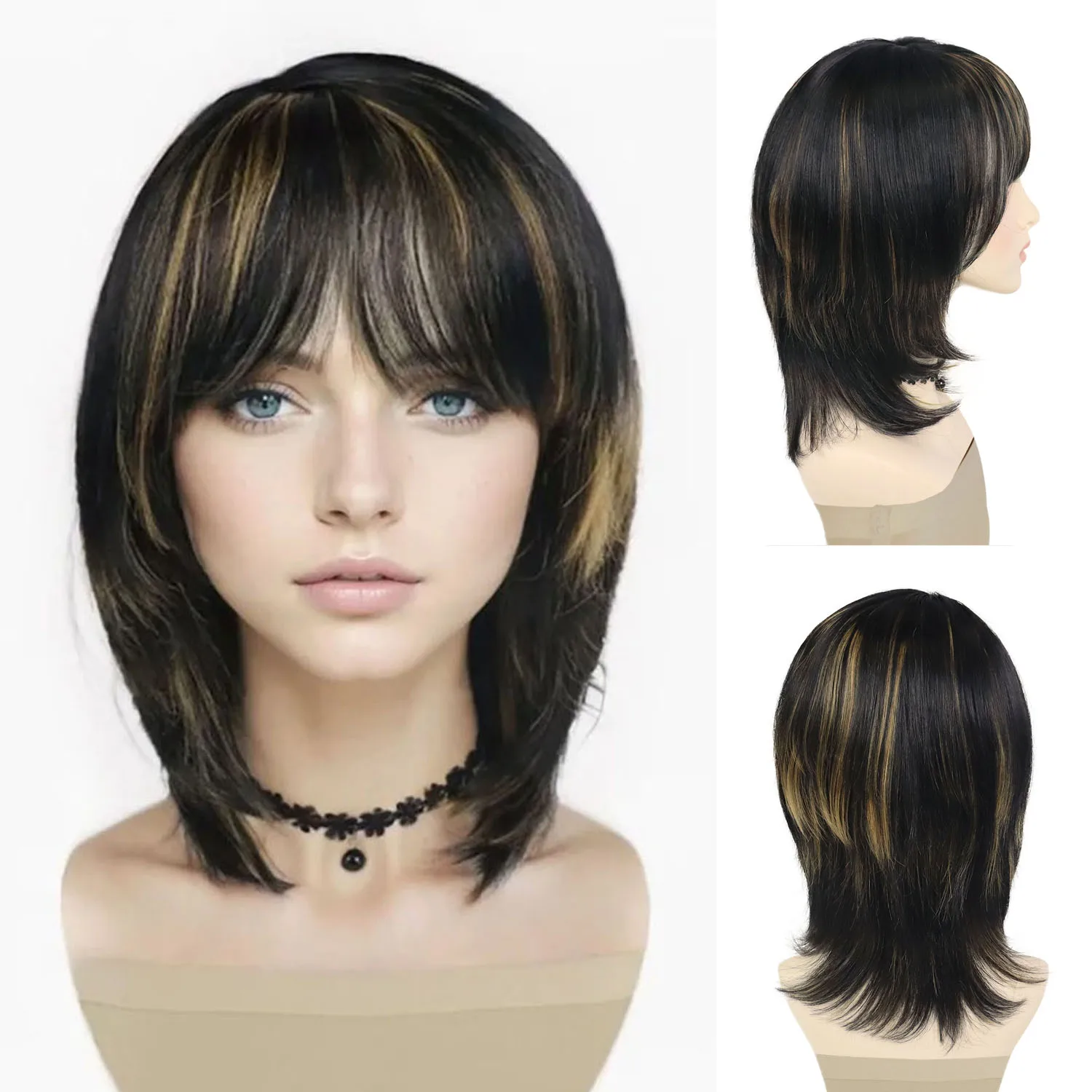 

Synthetic Short Straight Hair Short Brown with Blonde Highlights Bob Wig for Women Old Lady Wigs with Bangs Daily Casual Style