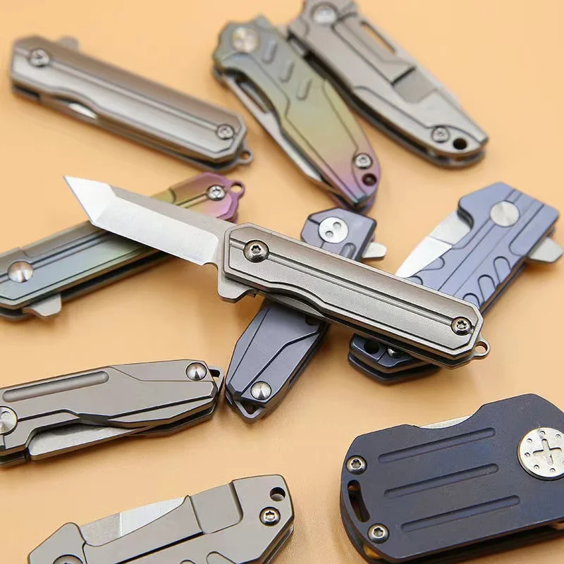 Mini D2 Damascus Blade TC4 Titanium Folding Knife  Keychain Necklace Portable Pocket Knife Outdoor Survival Multifunctional Tool